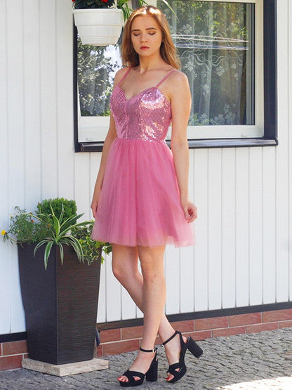 A-Line/Princess Sleeveless Tulle Sequin Spaghetti Straps Short/Mini Homecoming Dresses by YiHuiw