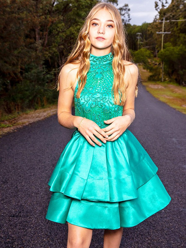 A-Line/Princess Satin Sleeveless Beading Jewel Short/Mini Homecoming Dresses by YiHuiw