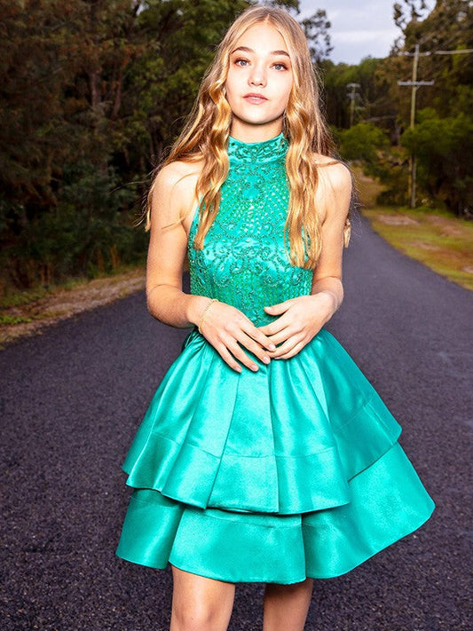 A-Line/Princess Satin Sleeveless Beading Jewel Short/Mini Homecoming Dresses by YiHuiw