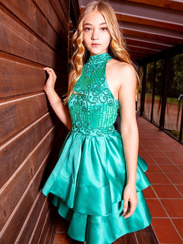 A-Line/Princess Satin Sleeveless Beading Jewel Short/Mini Homecoming Dresses by YiHuiw