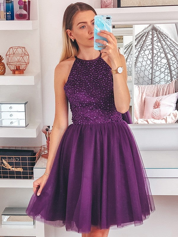 A-Line/Princess Sleeveless Beading Tulle Halter Short/Mini Homecoming Dresses by YiHuiw