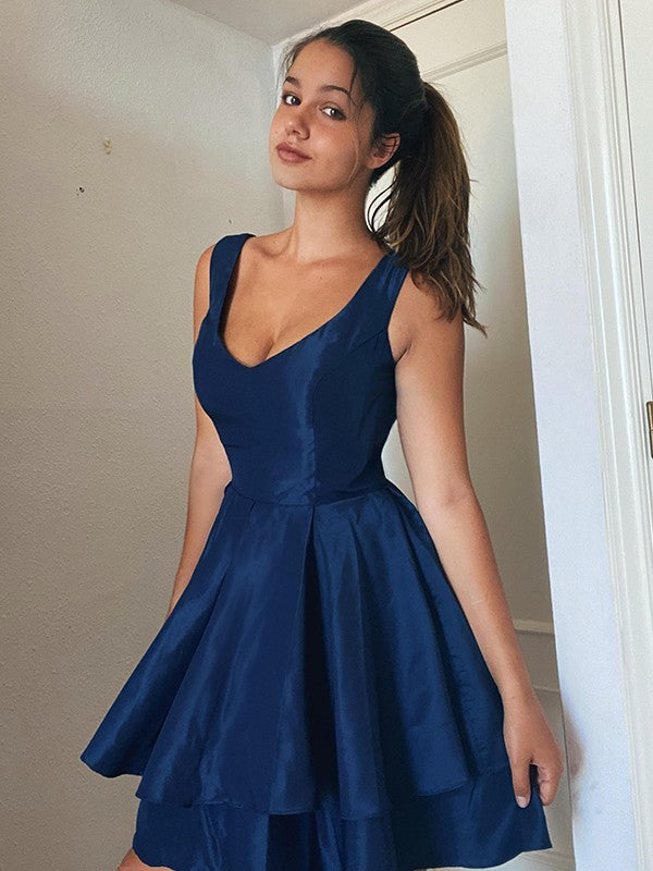 A-Line/Princess Straps Sleeveless Taffeta Layers Short/Mini Homecoming Dresses by YiHuiw