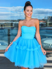 A-Line/Princess Strapless Tulle Ruffles Sleeveless Short/Mini Homecoming Dresses