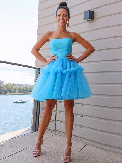A-Line/Princess Strapless Tulle Ruffles Sleeveless Short/Mini Homecoming Dresses by YiHuiw