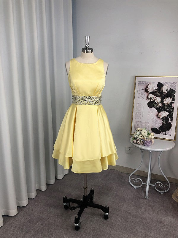A-Line/Princess Satin Beading Scoop Sleeveless Short/Mini Homecoming Dresses by YiHuiw