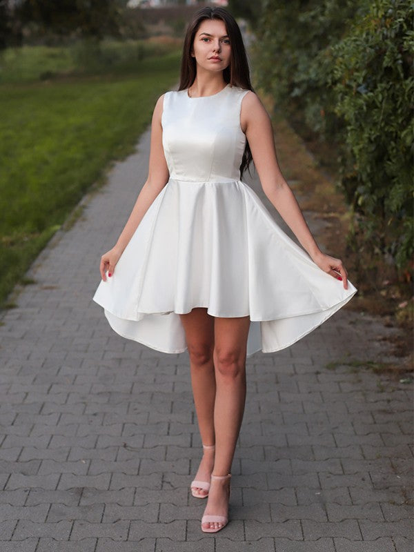A-Line/Princess Satin Ruffles Jewel Sleeveless Short/Mini Homecoming Dresses by YiHuiw