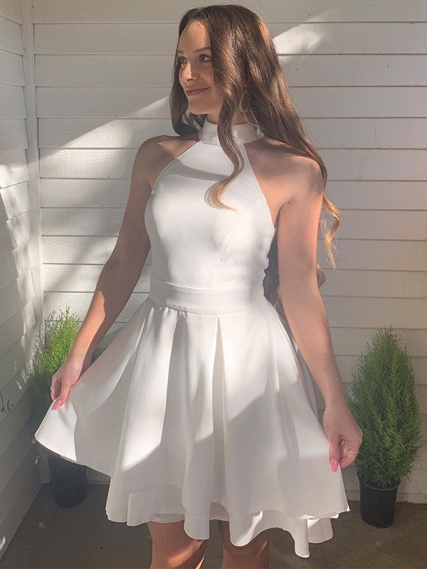 A-Line/Princess Satin Ruffles Halter Sleeveless Short/Mini Homecoming Dresses by YiHuiw