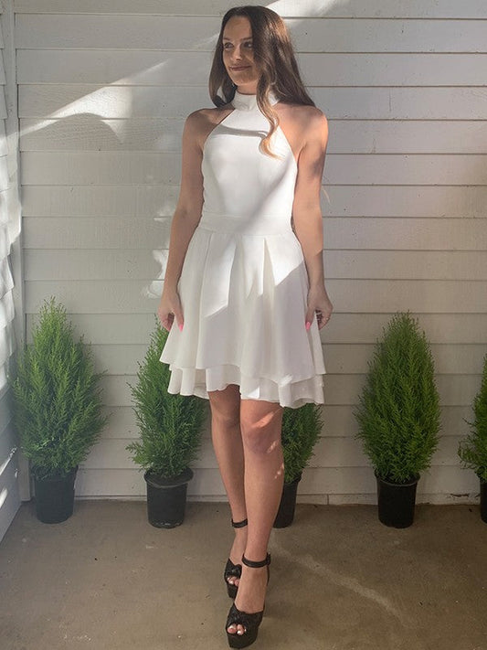 A-Line/Princess Satin Ruffles Halter Sleeveless Short/Mini Homecoming Dresses by YiHuiw