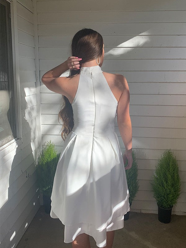 A-Line/Princess Satin Ruffles Halter Sleeveless Short/Mini Homecoming Dresses by YiHuiw