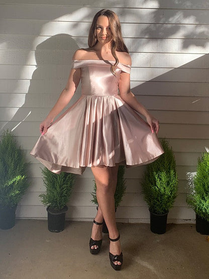A-Line/Princess Off-the-Shoulder Satin Sleeveless Ruffles Short/Mini Homecoming Dresses by YiHuiw