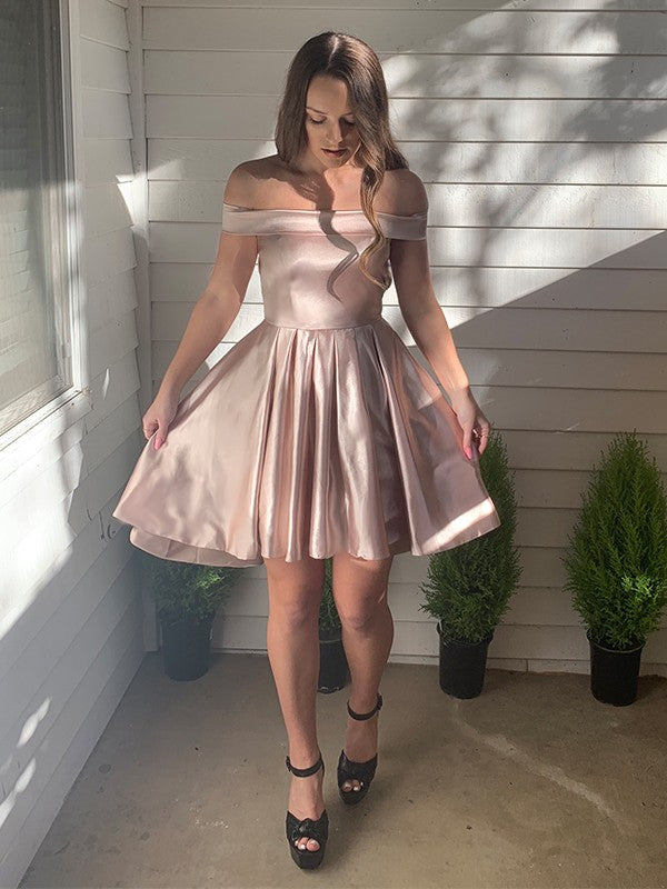 A-Line/Princess Off-the-Shoulder Satin Sleeveless Ruffles Short/Mini Homecoming Dresses by YiHuiw