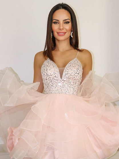 A-Line/Princess Spaghetti Straps Tulle Beading Sleeveless Short/Mini Homecoming Dresses by YiHuiw