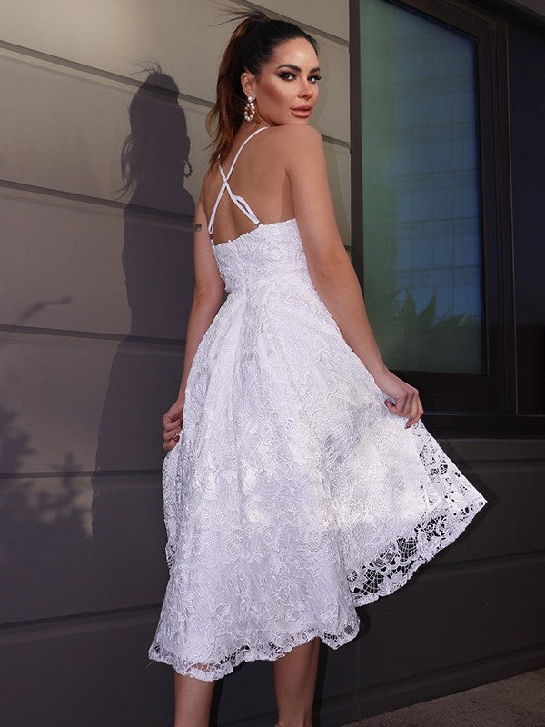 A-Line/Princess Sweetheart Lace Ruffles Sleeveless Asymmetrical Homecoming Dresses by YiHuiw