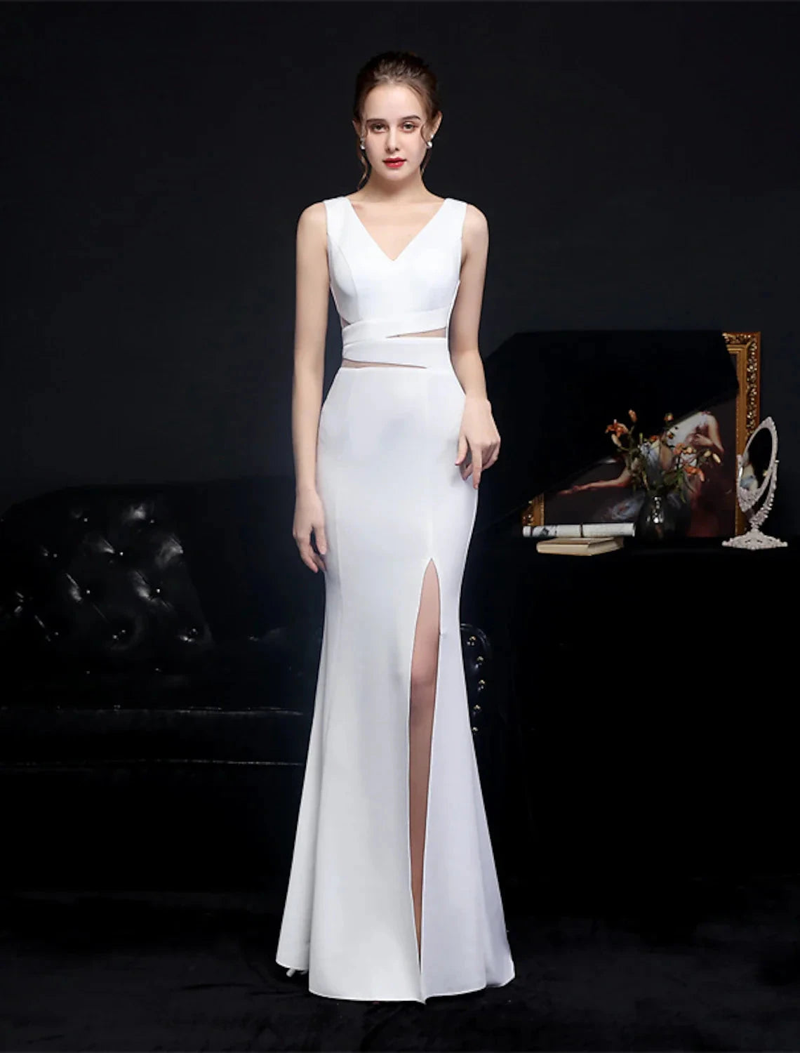 Mermaid / Trumpet Prom Dresses Elegant Dress Formal Wedding Guest Floor Length Sleeveless V Neck Polyester with Slit by YiHuiw