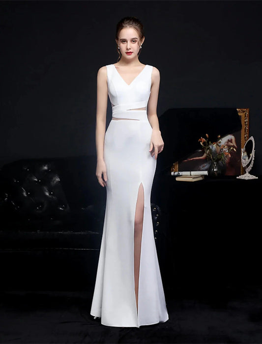 Mermaid / Trumpet Prom Dresses Elegant Dress Formal Wedding Guest Floor Length Sleeveless V Neck Polyester with Slit by YiHuiw