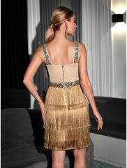 Sheath / Column Party Dresses Vintage Dress Homecoming Short / Mini Sleeveless Spaghetti Strap  Satin with Fringe Sequin Tassel