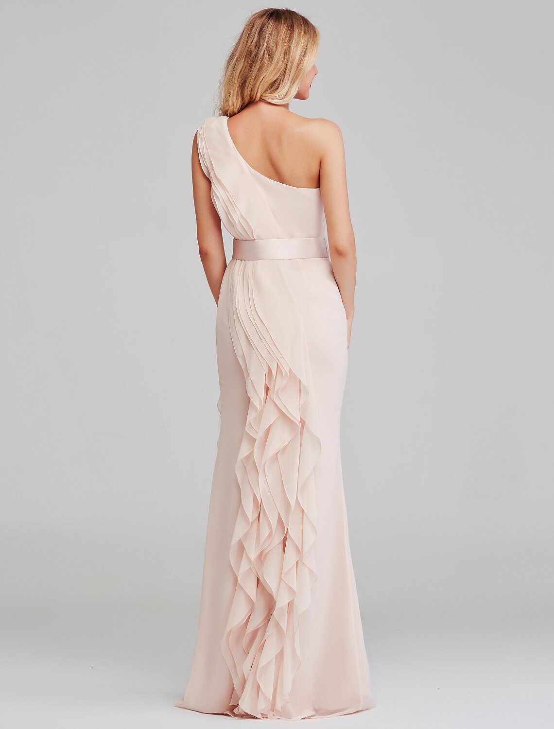 Sheath / Column Bridesmaid Dress One Shoulder Sleeveless Elegant Long Length Chiffon with Cascading Ruffles by YiHuiw