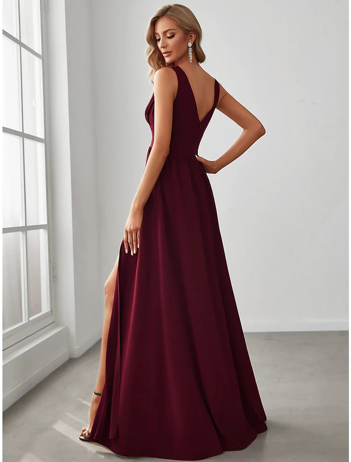 A-Line Prom Party Dress High Split Dress Wedding Guest Formal Evening Floor Length Sleeveless V Neck Bridesmaid Dress Chiffon V Back with Slit Pure Color by YiHuiw