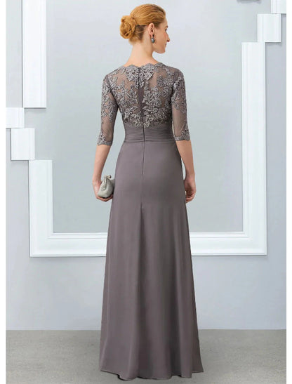 Sheath / Column Mother of the Bride Dress Elegant Jewel Neck Floor Length Chiffon Lace 3/4 Length Sleeve with Appliques by YiHuiw