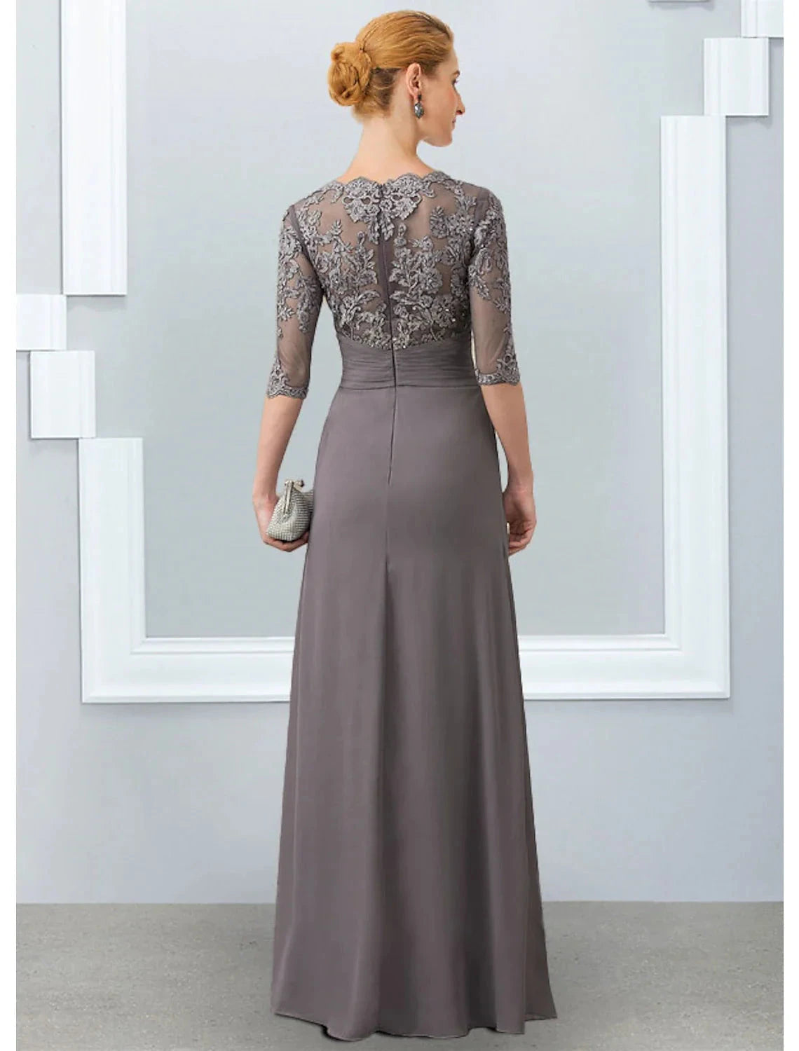 A-Line Mother of the Bride Dress Elegant V Neck Floor Length Chiffon Lace Short Sleeve with Pleats Appliques by YiHuiw