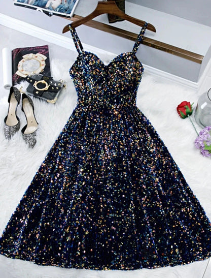A-Line Sparkle & Shine Holiday Cocktail Party Dress Spaghetti Strap Sleeveless Knee Length Sequined with Sequin by YiHuiw
