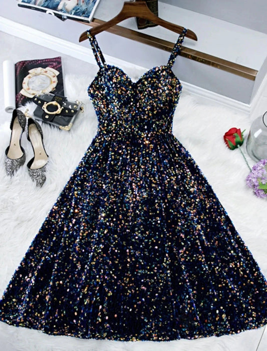 A-Line Sparkle & Shine Holiday Cocktail Party Dress Spaghetti Strap Sleeveless Knee Length Sequined with Sequin by YiHuiw