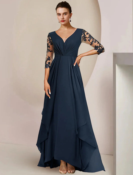 A-Line Mother of the Bride Dress Wedding Guest Elegant High Low V Neck Ankle Length Chiffon Lace 3/4 Length Sleeve with Sequin Appliques 2 by YiHuiw