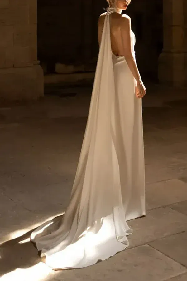 A-Line Halter Floor-Length Wedding Dress - Yihuiw by Yihuiw