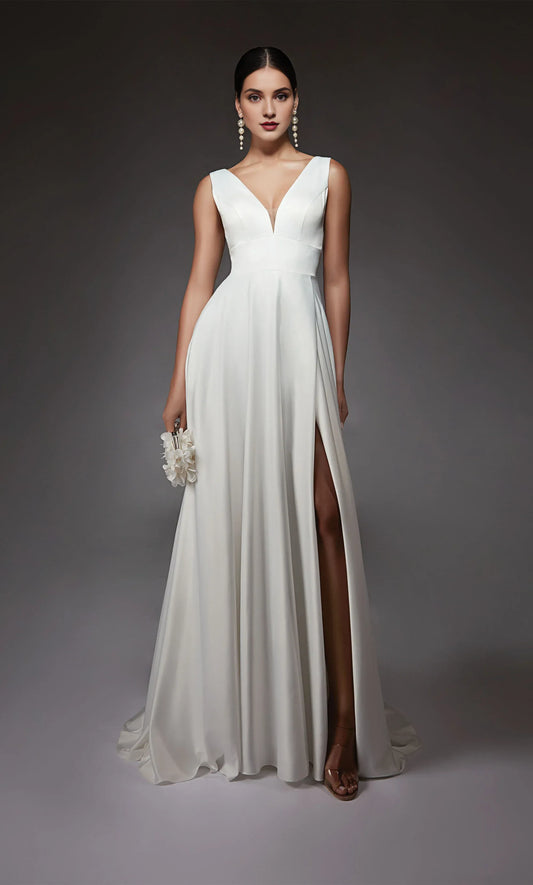 A-Line V-Neck Satin High Slit Wedding Dress - Yihuiw by Yihuiw