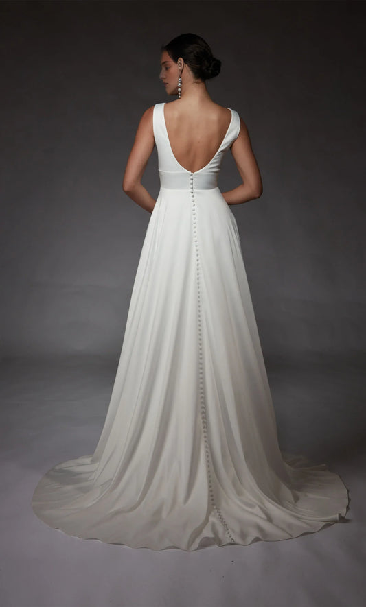 A-Line V-Neck Satin High Slit Wedding Dress - Yihuiw by Yihuiw
