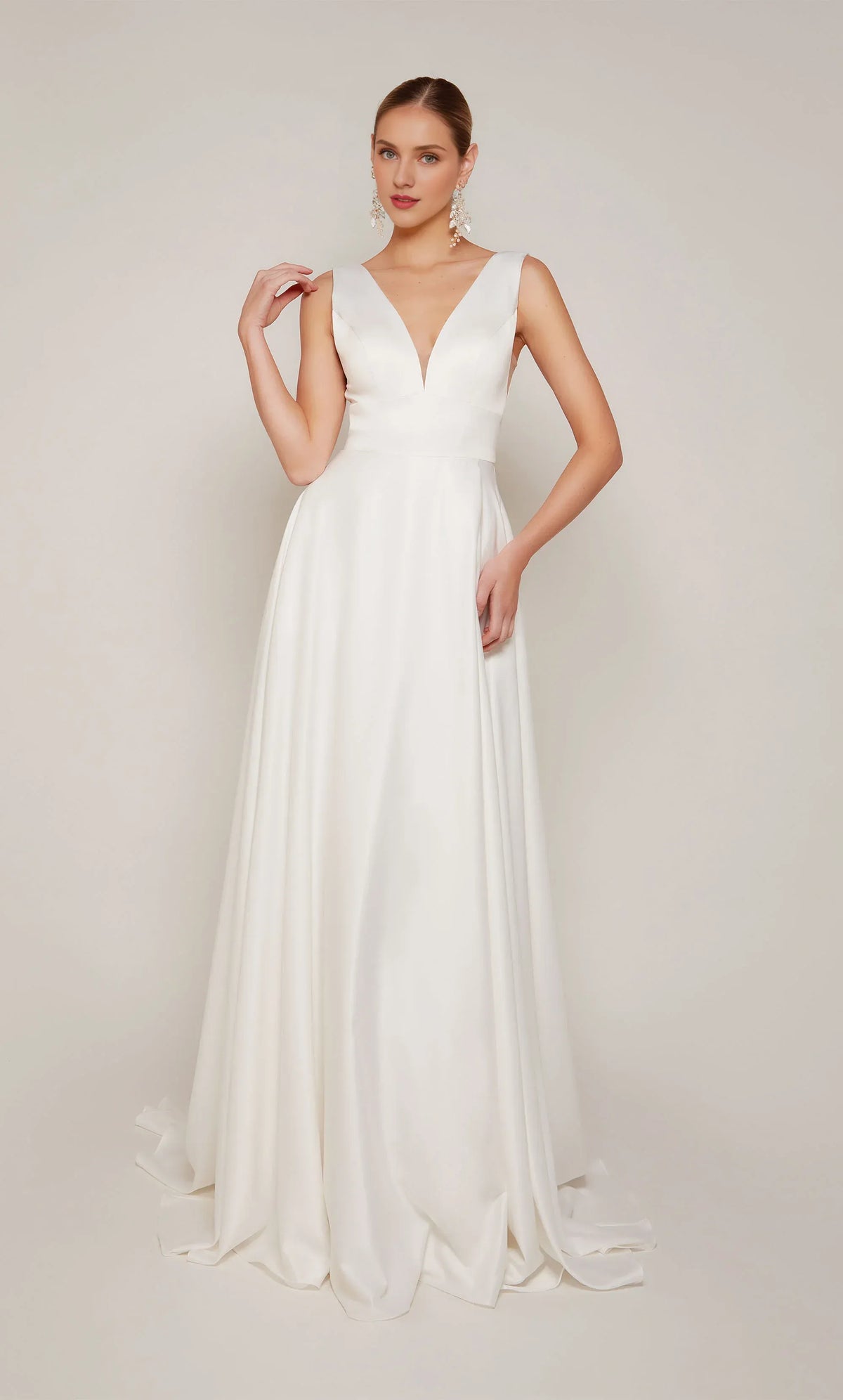 A-Line V-Neck Satin High Slit Wedding Dress - Yihuiw by Yihuiw