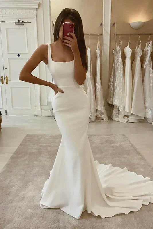 Mermaid Square Neck Sleeveless Floor-Length Wedding Dress - Yihuiw by Yihuiw
