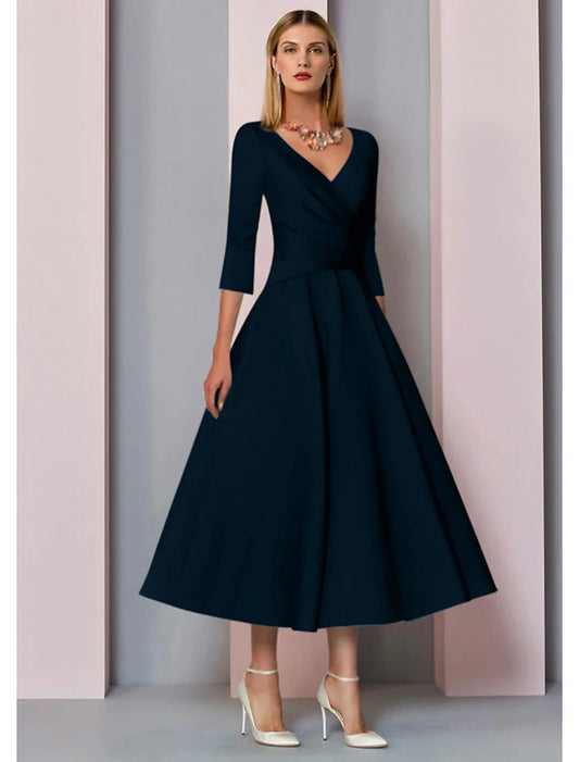 A-Line Mother of the Bride Dress Fall Wedding Guest Vintage Plus Size Elegant V Neck Tea Length Satin 3/4 Length Sleeve with Pleats by YiHuiw