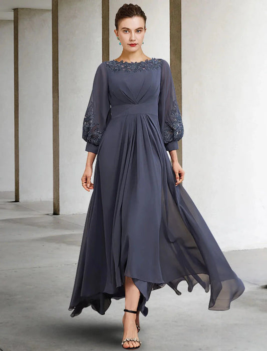 A-Line Mother of the Bride Dress Plus Size Elegant High Low Jewel Neck Asymmetrical Floor Length Chiffon Lace Half Sleeve with Pleats Appliques Side-Draped by YiHuiw