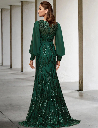 Mermaid / Trumpet Mother of the Bride Dress Wedding Guest Elegant Sparkle & Shine Jewel Neck Sweep / Brush Train Chiffon Sequined Long Sleeve with Sequin Appliques by YiHuiw