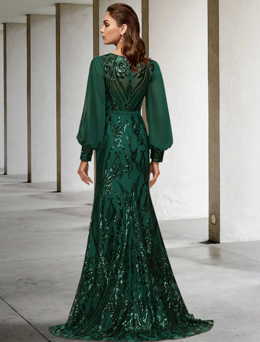 Mermaid / Trumpet Mother of the Bride Dress Wedding Guest Elegant Sparkle & Shine Jewel Neck Sweep / Brush Train Chiffon Sequined Long Sleeve with Sequin Appliques by YiHuiw