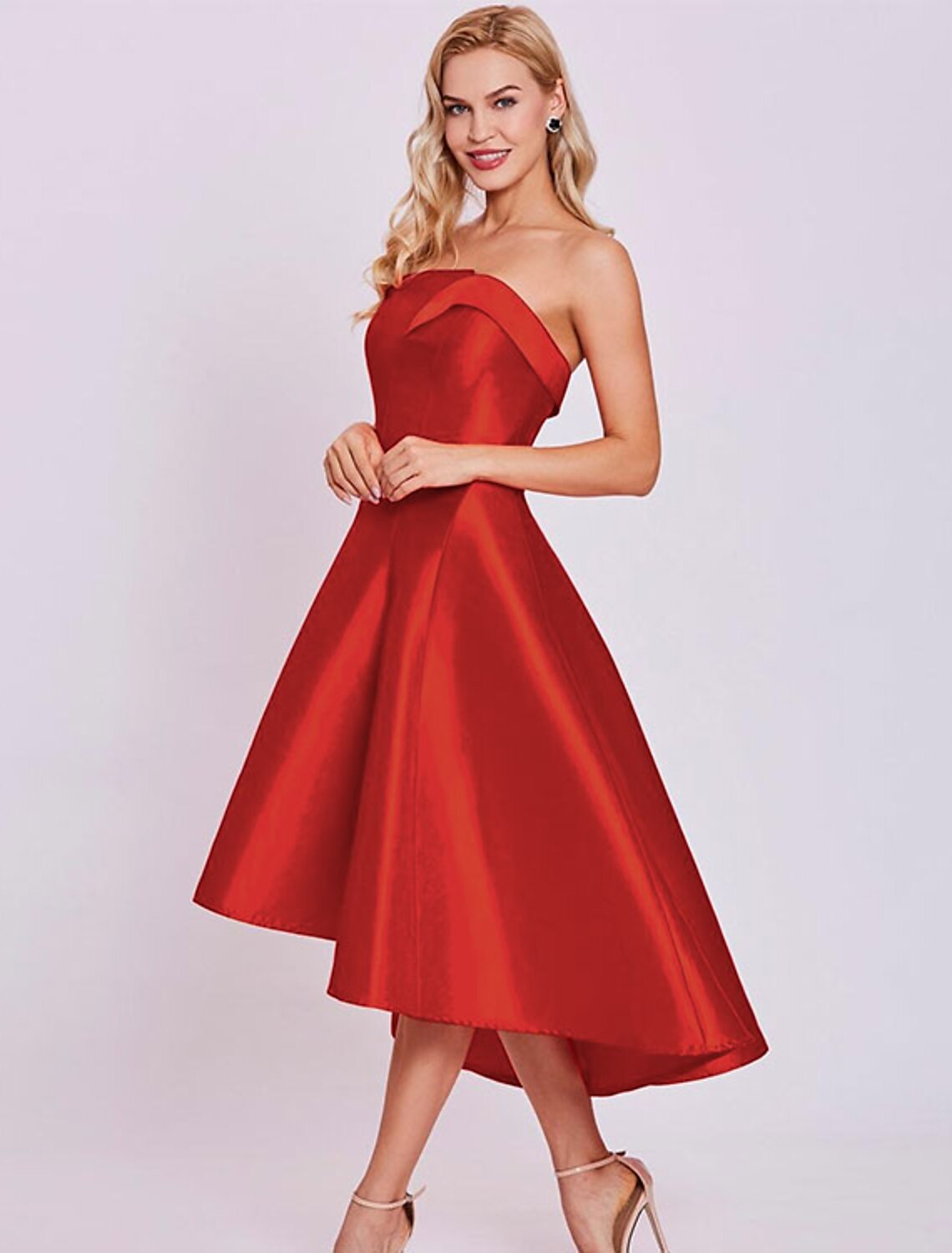 A-Line Cocktail Dresses Minimalist Dress Homecoming Wedding Guest Tea Length Sleeveless Strapless Satin with Sleek by YiHuiw