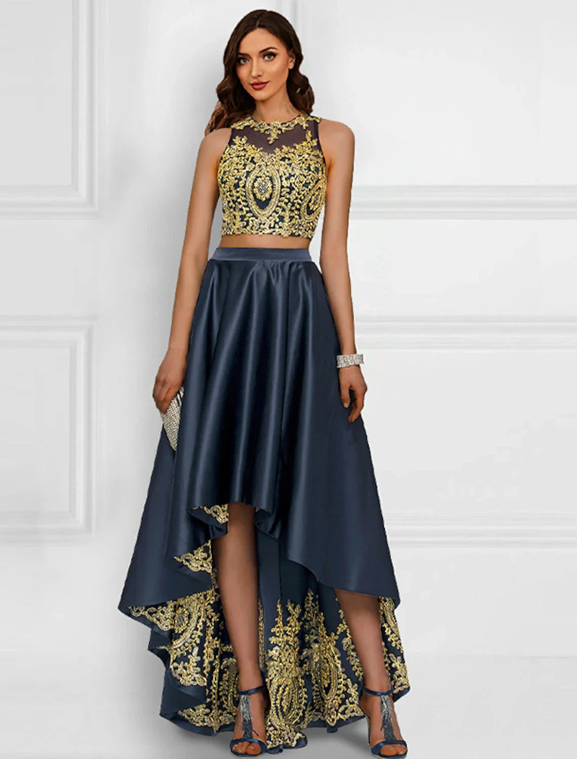 Two Piece Cocktail Dresses Sparkle & Shine Dress Wedding Guest Prom Asymmetrical Sleeveless Jewel Neck Charmeuse with Appliques by YiHuiw