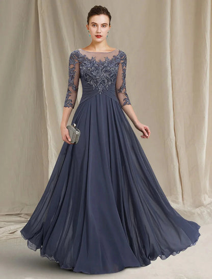 A-Line Mother of the Bride Dress Elegant Jewel Neck Floor Length Chiffon Lace 3/4 Length Sleeve with Pleats Appliques by YiHuiw