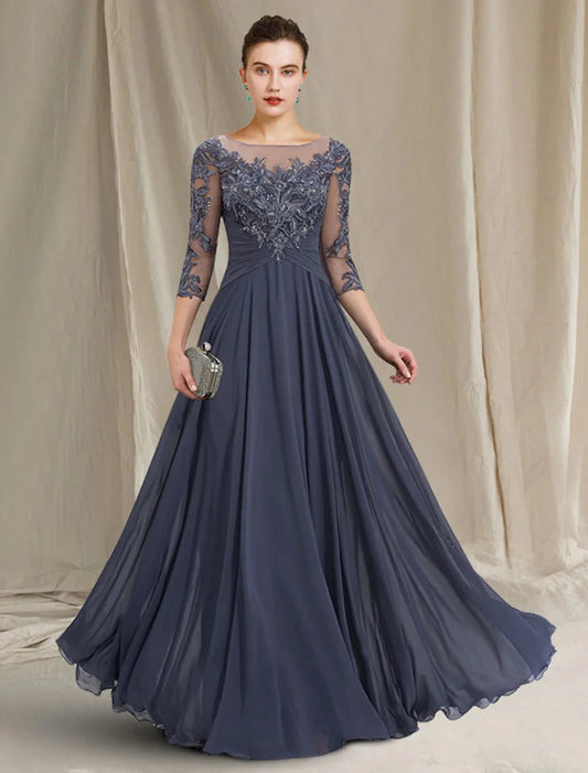 A-Line Mother of the Bride Dress Elegant Jewel Neck Floor Length Chiffon Lace 3/4 Length Sleeve with Pleats Appliques by YiHuiw
