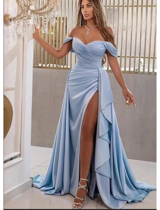 A-Line Prom Dresses High Split Dress Prom Sweep / Brush Train Sleeveless Sweetheart Satin with Slit by YiHuiw