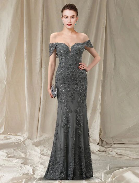 Sheath / Column Mother of the Bride Dress Elegant Off Shoulder Floor Length Lace Tulle Sequined Sleeveless with Pleats Appliques by YiHuiw
