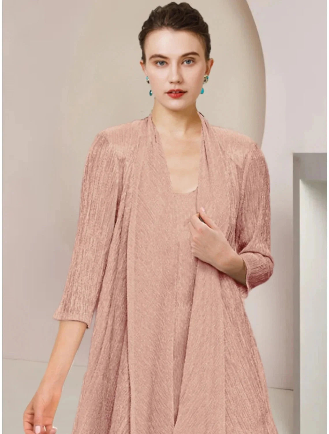 Two Piece Mother of the Bride Dress Simple Petite Scoop Neck Knee Length Lace 3/4 Length Sleeve with Pleats Solid Color by YiHuiw