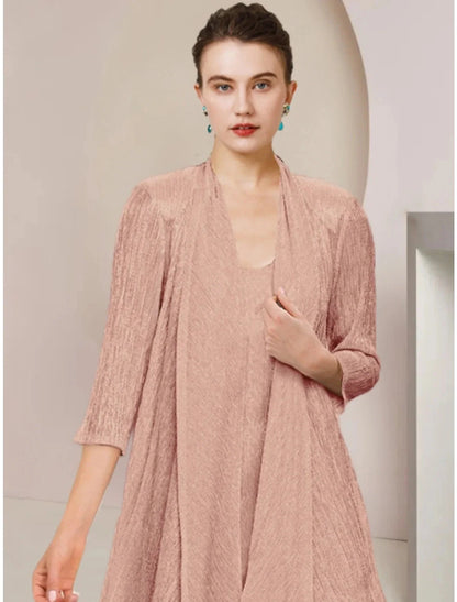 Two Piece Mother of the Bride Dress Simple Petite Scoop Neck Knee Length Lace 3/4 Length Sleeve with Pleats Solid Color by YiHuiw