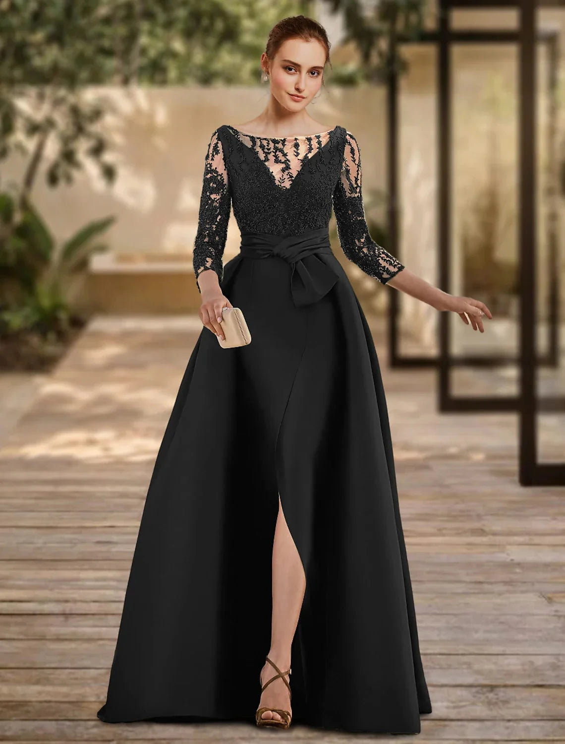A-Line Evening Gown Open Back Dress Formal Wedding Guest Floor Length 3/4 Length Sleeve Scoop Neck Lace with Slit Strappy by YiHuiw