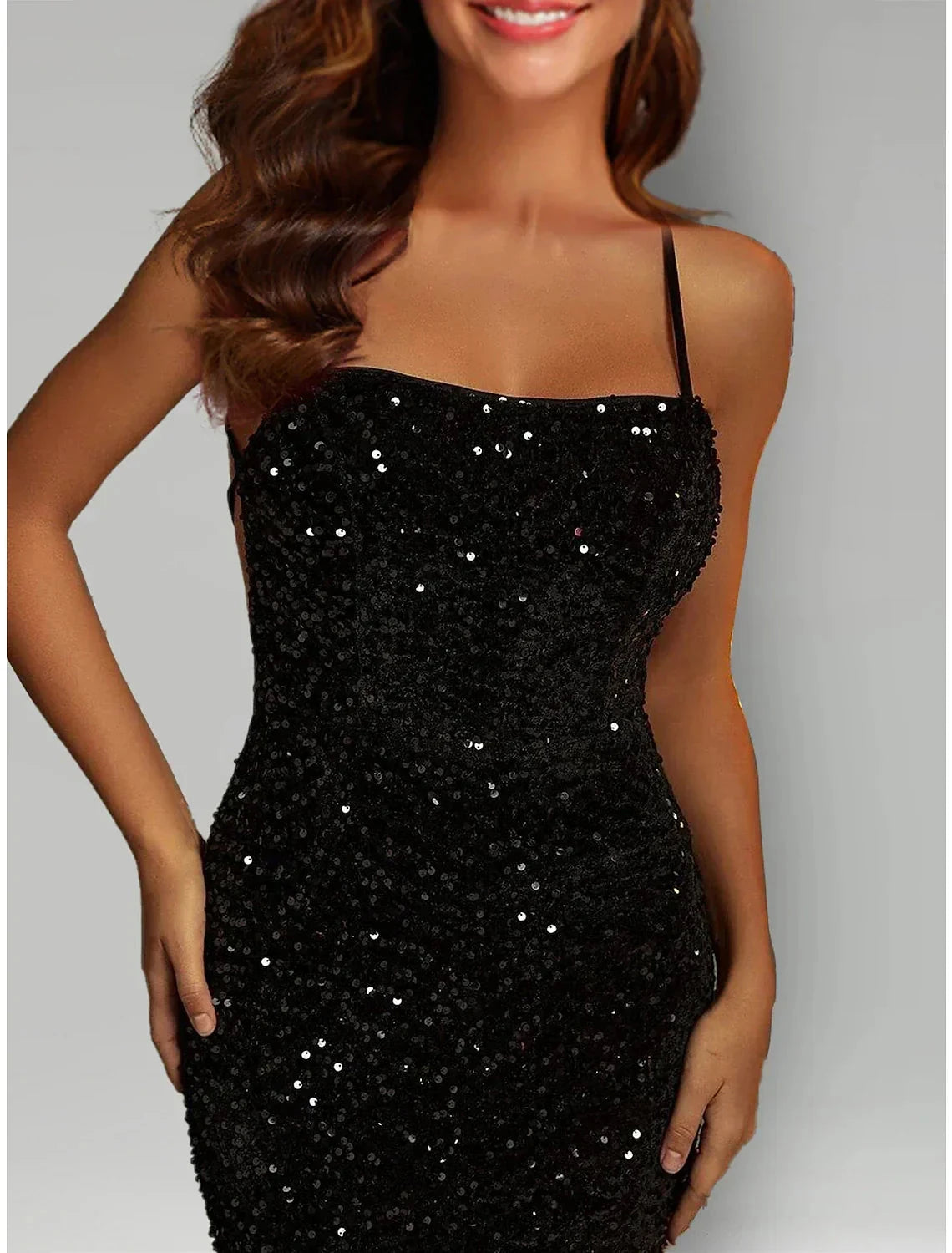 Mermaid / Trumpet Evening Gown Black Dress Formal Sweep / Brush Train Sleeveless Halter Sequined with Sequin by YiHuiw