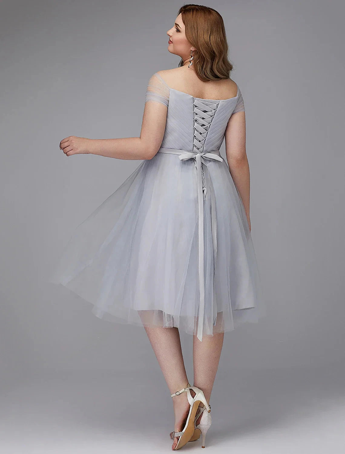 A-Line Elegant Dress Wedding Guest Cocktail Party Tea Length Short Sleeve Off Shoulder Tulle with Sash / Ribbon Criss Cross by YiHuiw