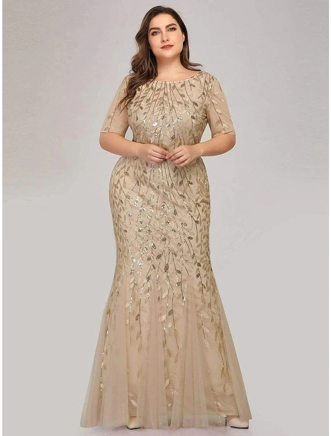 Mermaid / Trumpet Empire Elegant Party Wear Formal Evening Dress Jewel Neck Short Sleeve Floor Length Tulle with Embroidery by YiHuiw