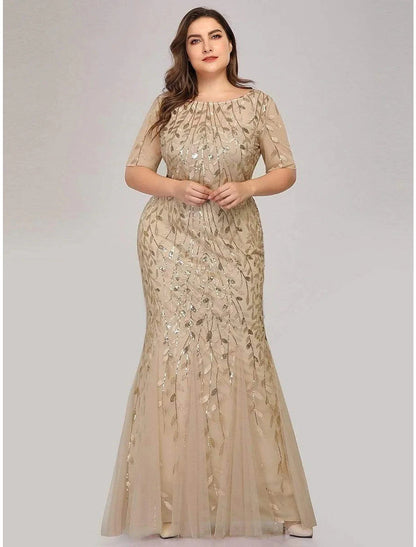 Mermaid / Trumpet Empire Elegant Party Wear Formal Evening Dress Jewel Neck Short Sleeve Floor Length Tulle with Embroidery by YiHuiw