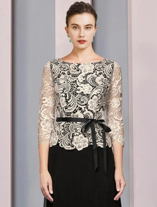 A-Line Mother of the Bride Dress Formal Wedding Guest Elegant Scoop Neck Floor Length Chiffon Lace 3/4 Length Sleeve with Bow(s) Color Block by YiHuiw